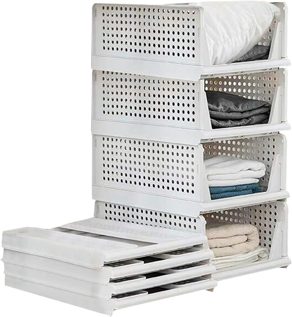 4-Pack Folding Wardrobe Storage Box Plastic Drawer Organizer Stackable Shelf Baskets Cloth Closet Container Bin Cube Home Office Bedroom Laundry Pull Out Drawer Dividers for Clothes,Toys Organization