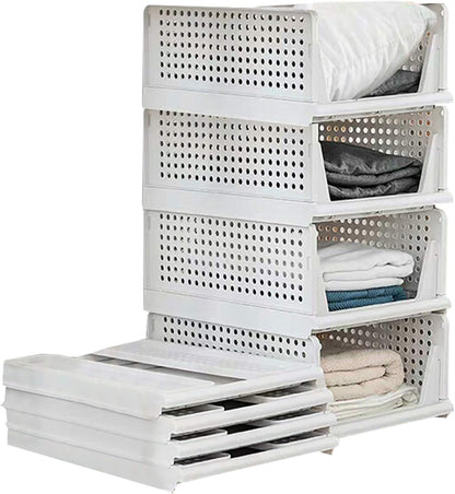 4-Pack Folding Wardrobe Storage Box Plastic Drawer Organizer Stackable Shelf Baskets Cloth Closet Container Bin Cube Home Office Bedroom Laundry Pull Out Drawer Dividers for Clothes,Toys Organization