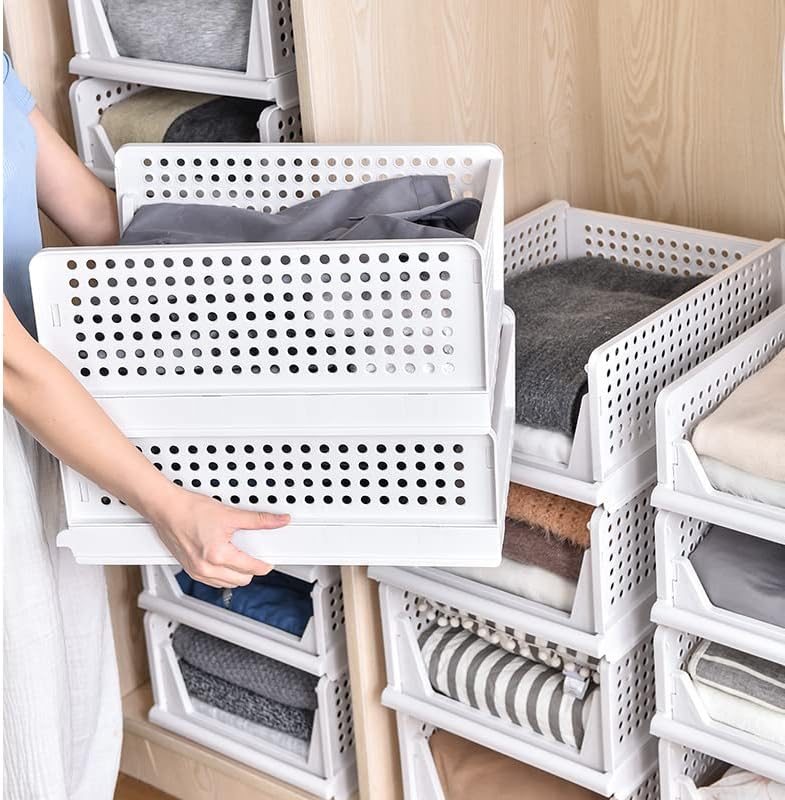 4-Pack Folding Wardrobe Storage Box Plastic Drawer Organizer Stackable Shelf Baskets Cloth Closet Container Bin Cube Home Office Bedroom Laundry Pull Out Drawer Dividers for Clothes,Toys Organization
