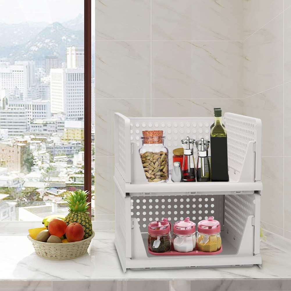 4-Pack Folding Wardrobe Storage Box Plastic Drawer Organizer Stackable Shelf Baskets Cloth Closet Container Bin Cube Home Office Bedroom Laundry Pull Out Drawer Dividers for Clothes,Toys Organization