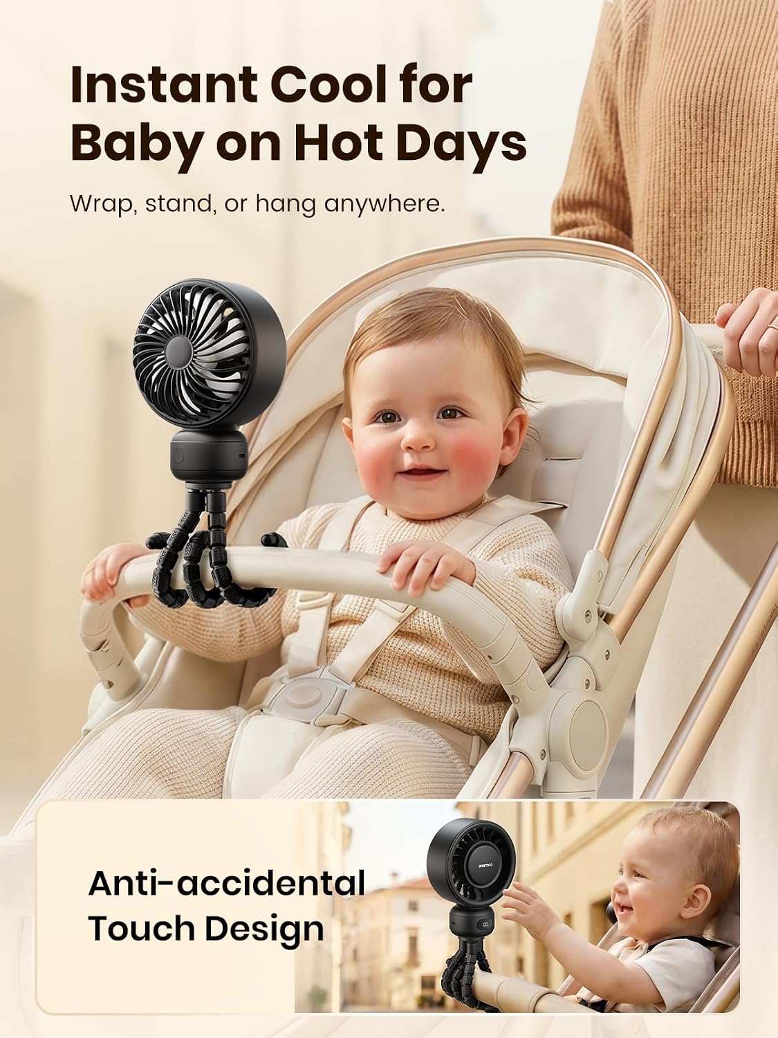 Warmco Portable Stroller Fan, 4000mAh Rechargeable Clip On Fan
