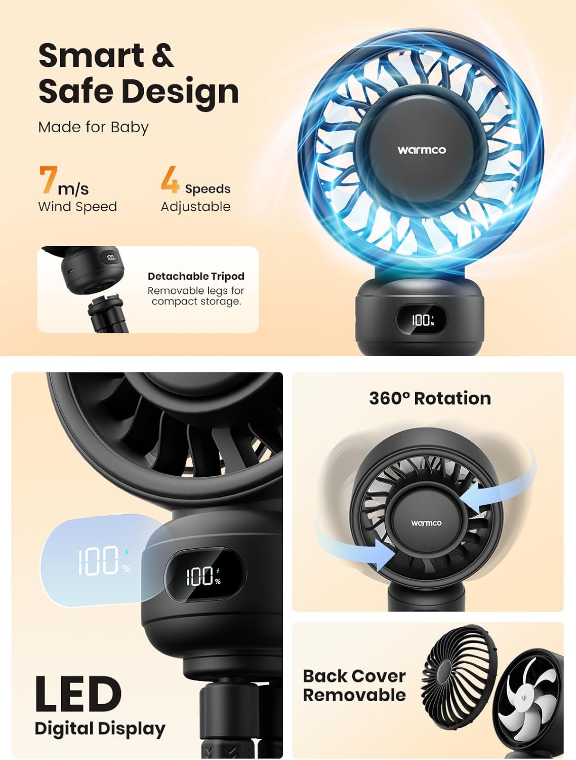 Warmco Portable Stroller Fan, 4000mAh Rechargeable Clip On Fan