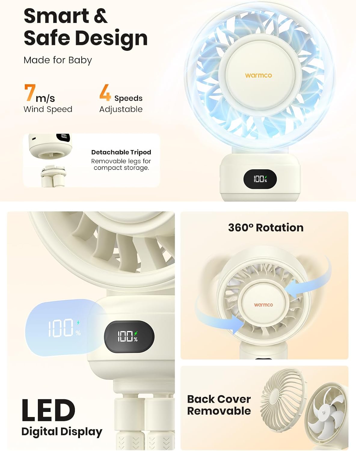 Warmco Portable Stroller Fan, 4000mAh Rechargeable Clip On Fan