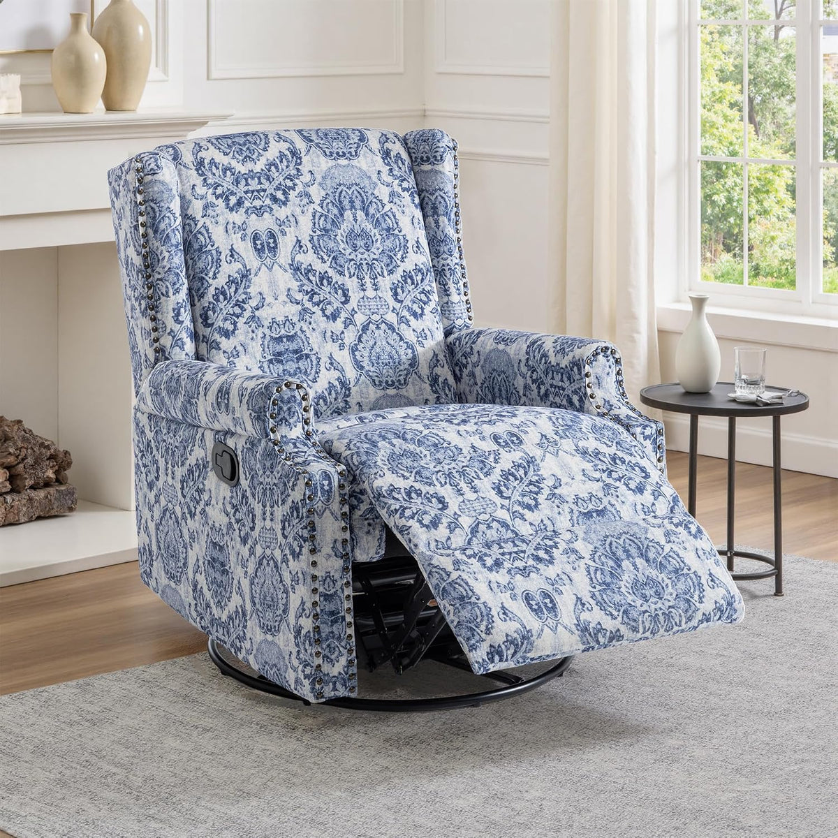 Swivel Rocker Recliner Chair, Floral Wingback Armchair, Navy