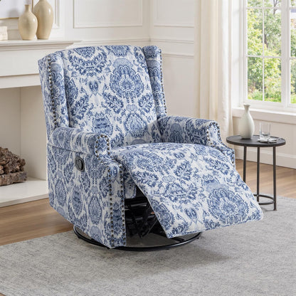 Swivel Rocker Recliner Chair, Floral Wingback Armchair, Navy