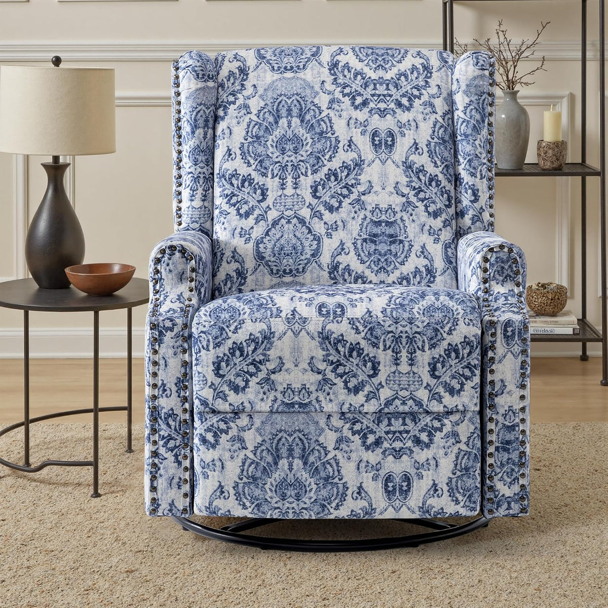 Swivel Rocker Recliner Chair, Floral Wingback Armchair, Navy