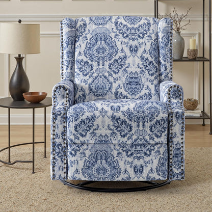 Swivel Rocker Recliner Chair, Floral Wingback Armchair, Navy