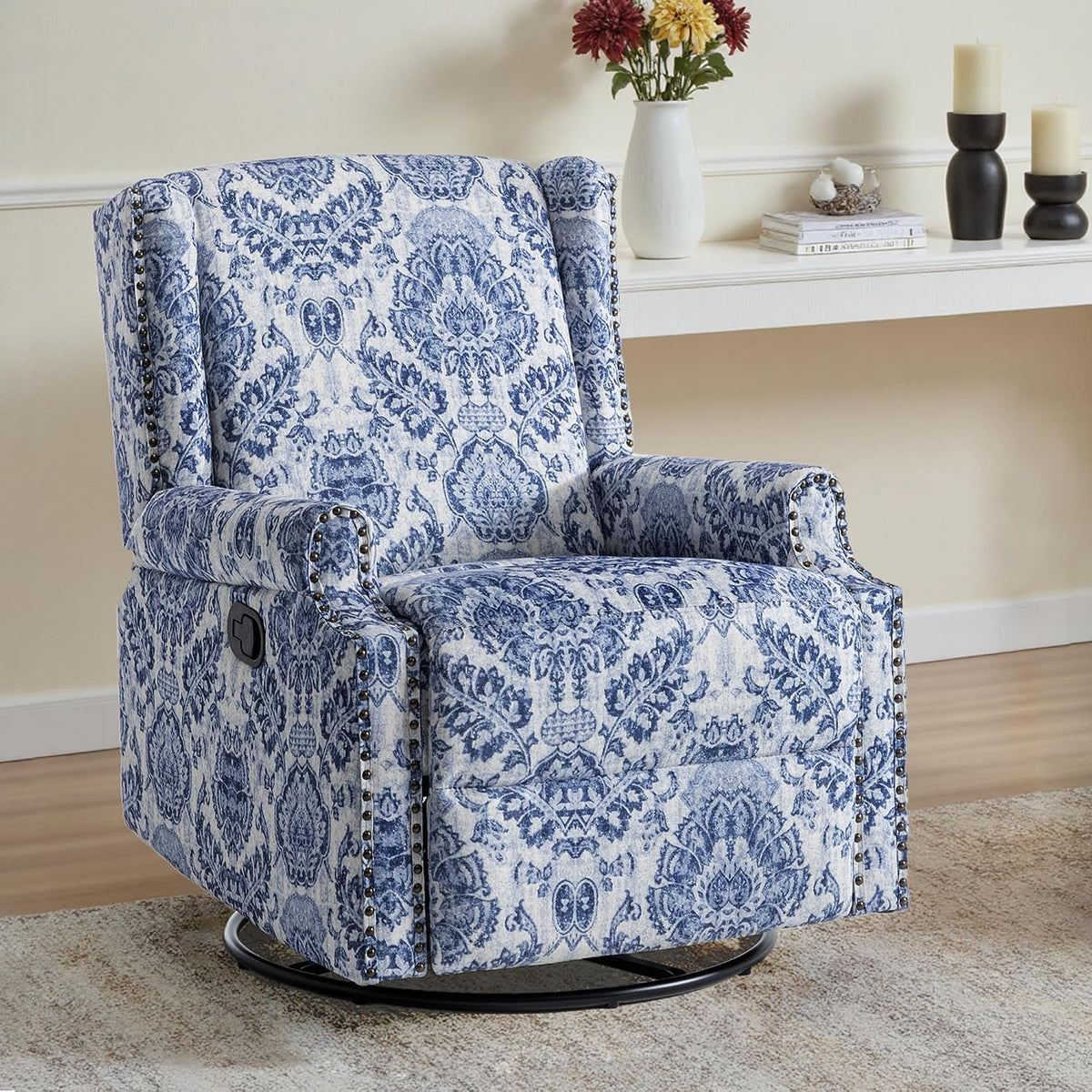 Swivel Rocker Recliner Chair, Floral Wingback Armchair, Navy