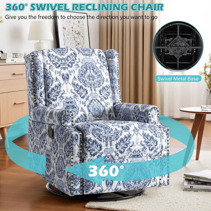 Swivel Rocker Recliner Chair, Floral Wingback Armchair, Navy