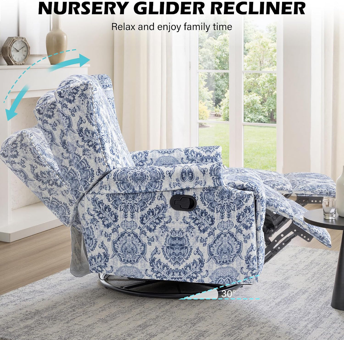 Swivel Rocker Recliner Chair, Floral Wingback Armchair, Navy