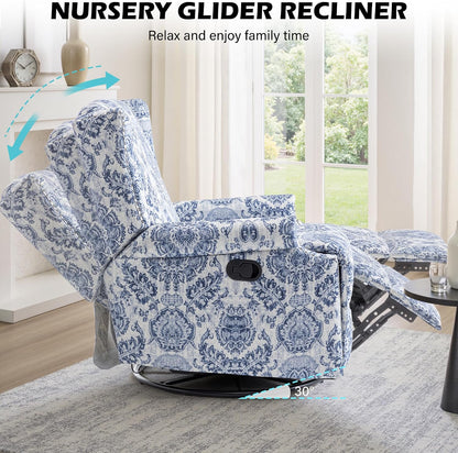Swivel Rocker Recliner Chair, Floral Wingback Armchair, Navy