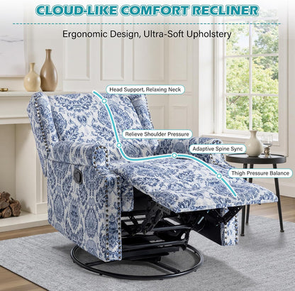 Swivel Rocker Recliner Chair, Floral Wingback Armchair, Navy