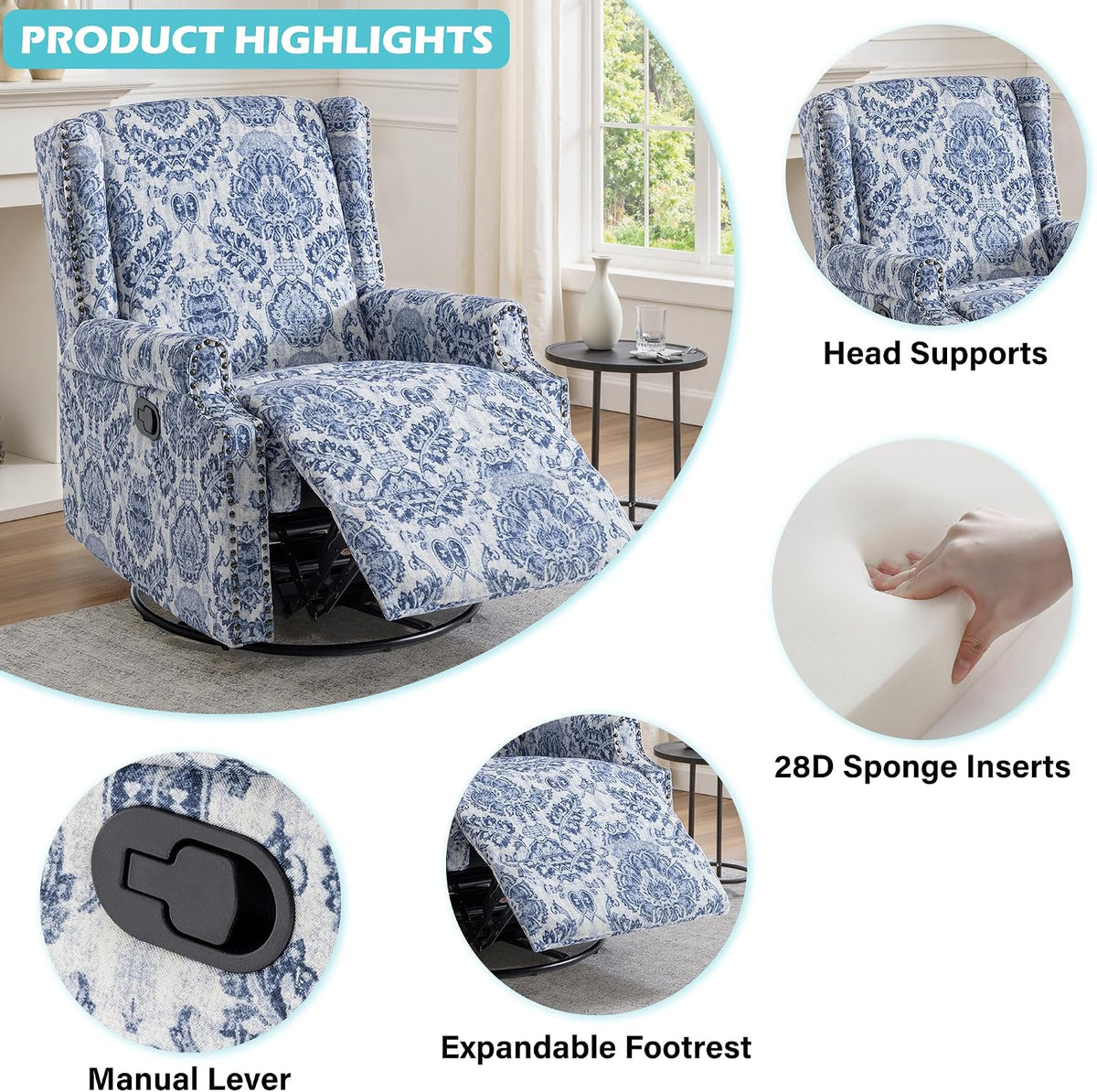 Swivel Rocker Recliner Chair, Floral Wingback Armchair, Navy
