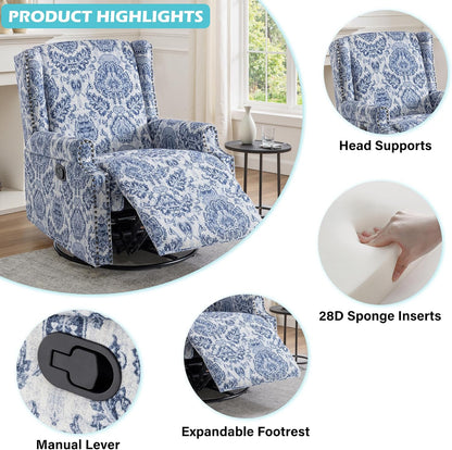 Swivel Rocker Recliner Chair, Floral Wingback Armchair, Navy