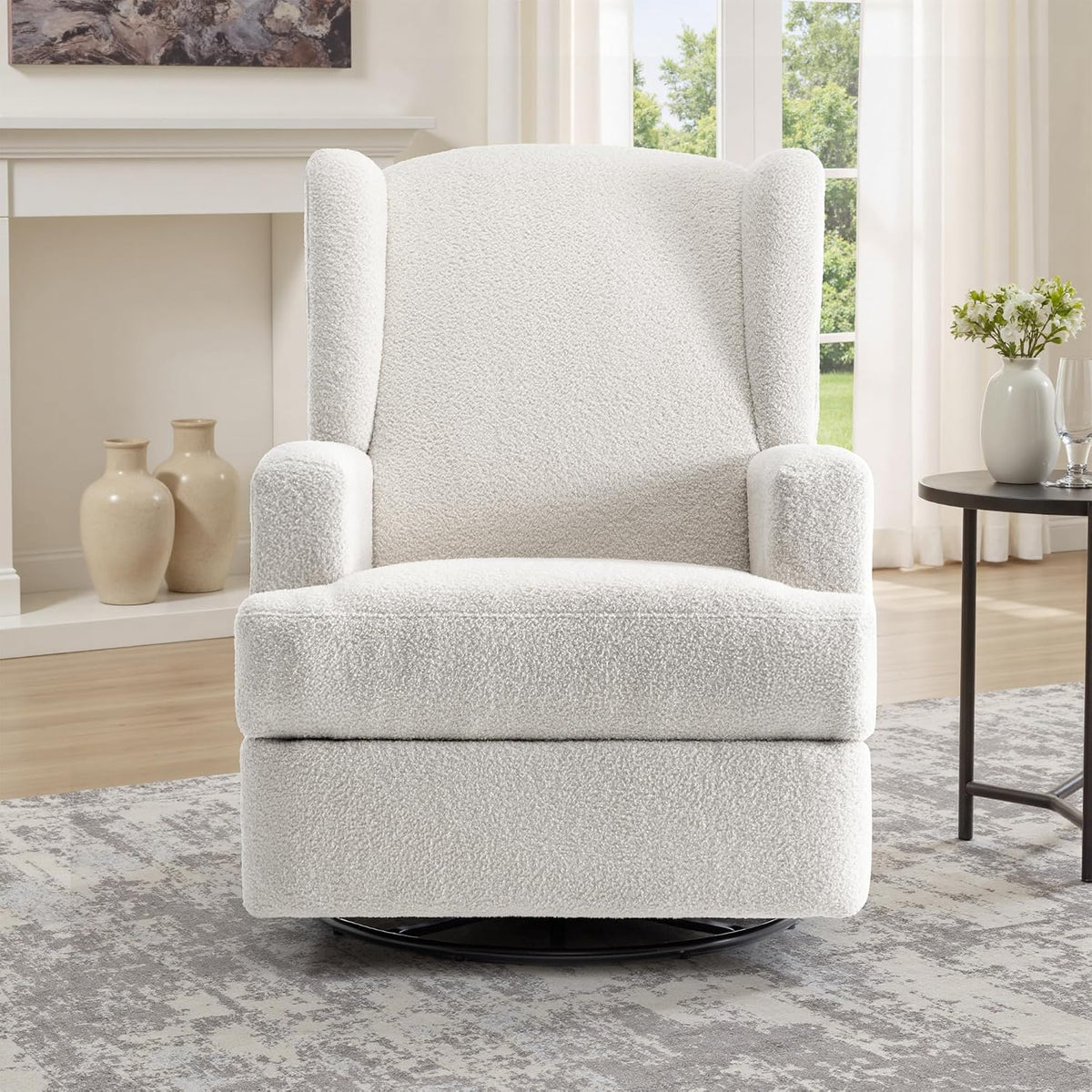Swivel Rocker Recliner Chair, Floral Wingback Armchair, Navy