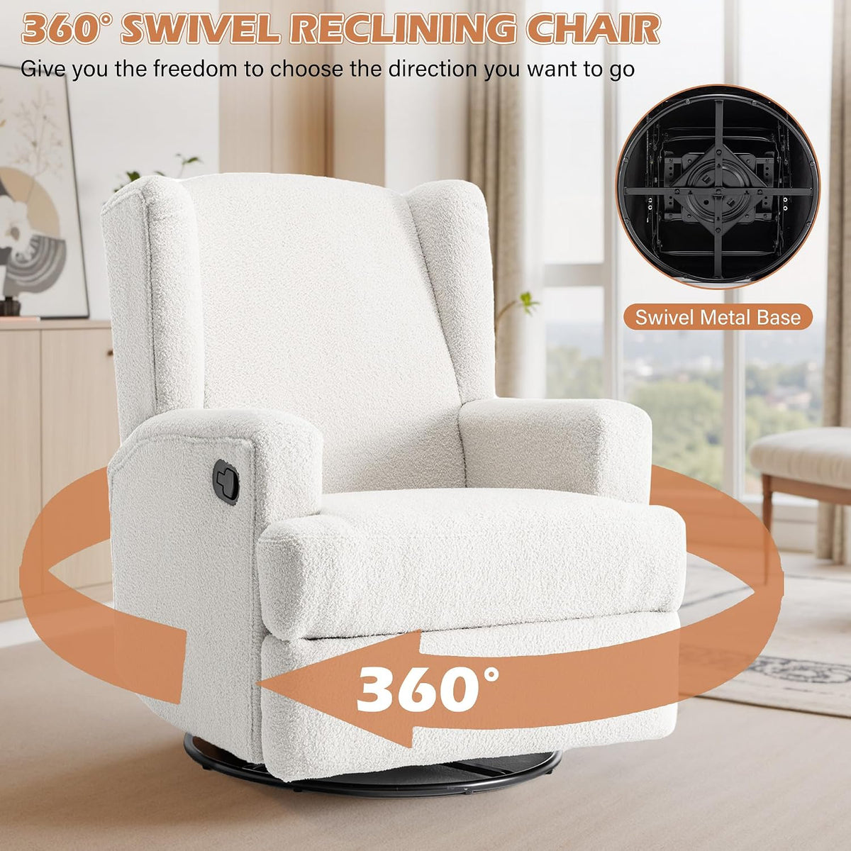 Swivel Rocker Recliner Chair, Floral Wingback Armchair, Navy