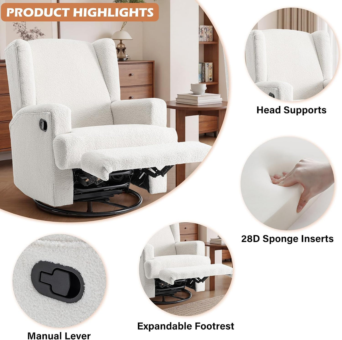 Swivel Rocker Recliner Chair, Floral Wingback Armchair, Navy