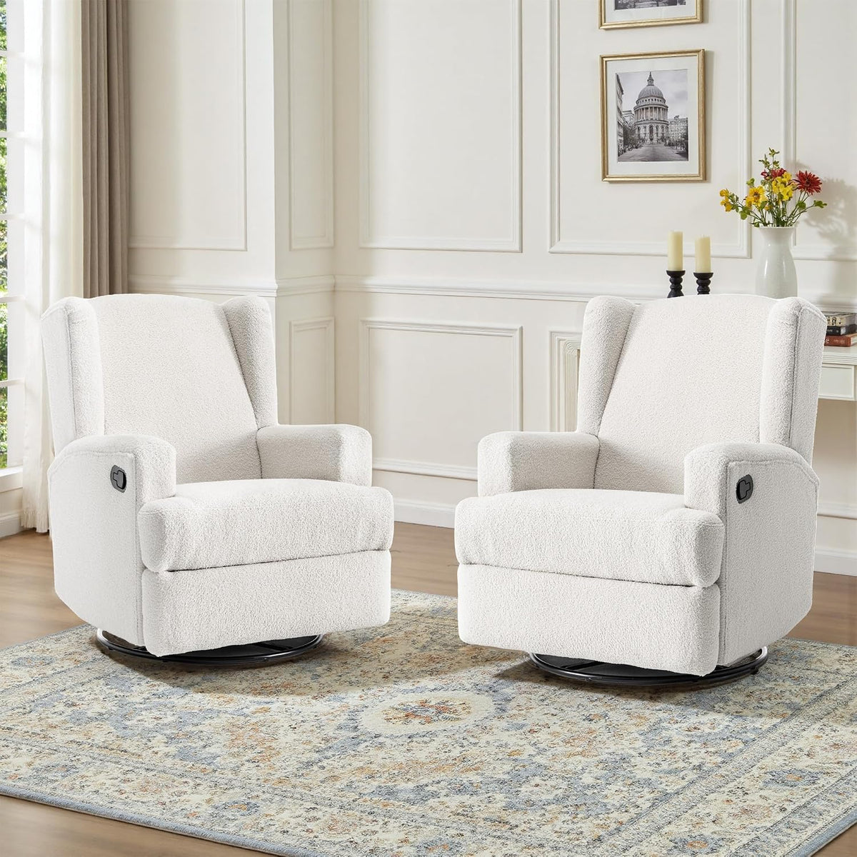 Swivel Rocker Recliner Chair, Floral Wingback Armchair, Navy