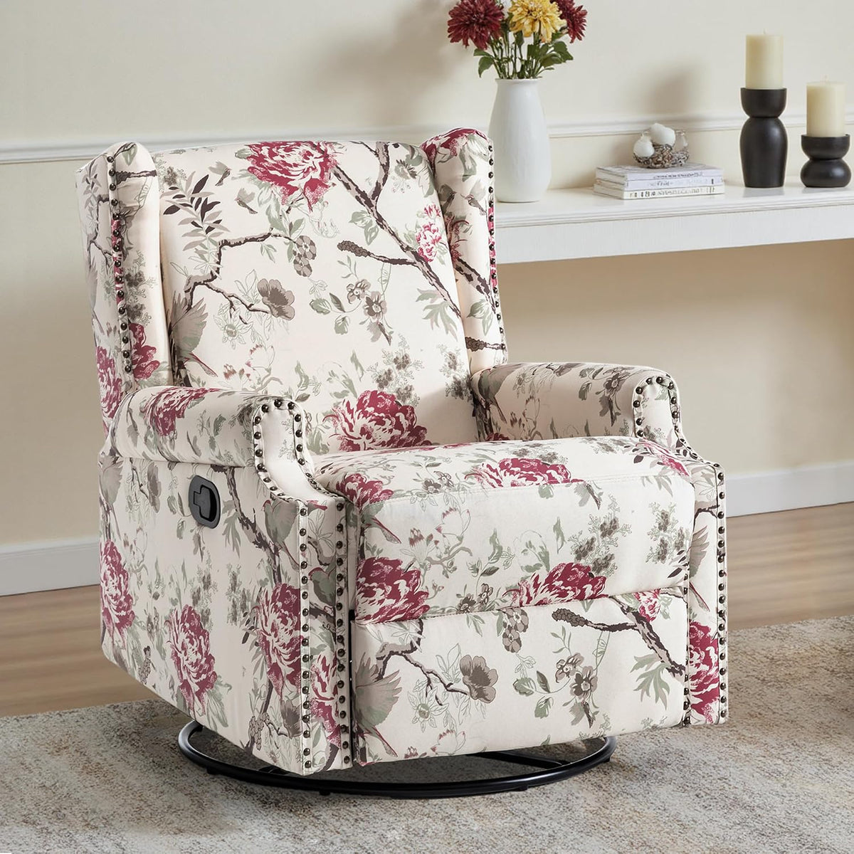 Swivel Rocker Recliner Chair, Floral Wingback Armchair, Navy