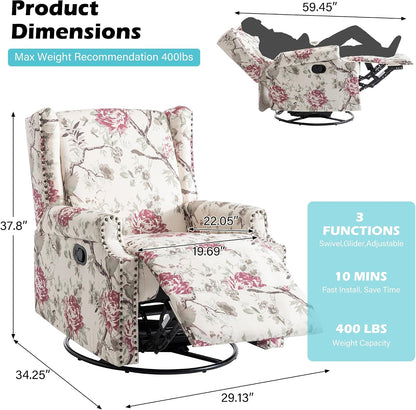 Swivel Rocker Recliner Chair, Floral Wingback Armchair, Navy