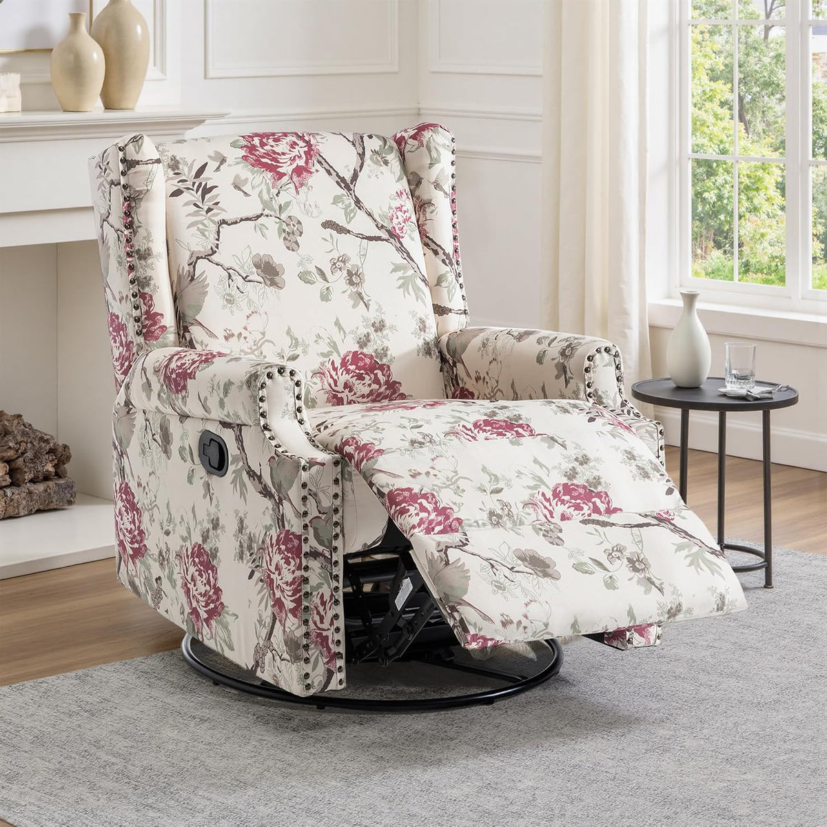 Swivel Rocker Recliner Chair, Floral Wingback Armchair, Navy