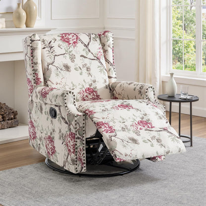 Swivel Rocker Recliner Chair, Floral Wingback Armchair, Navy