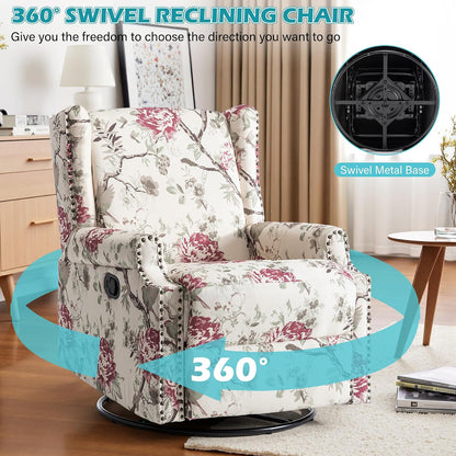 Swivel Rocker Recliner Chair, Floral Wingback Armchair, Navy