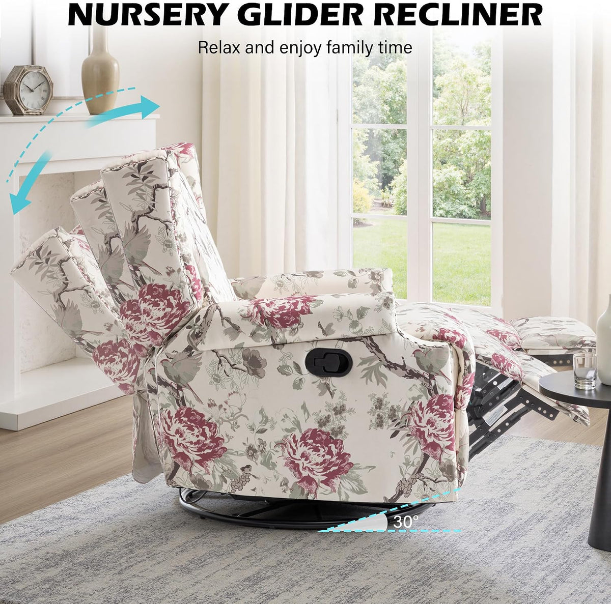 Swivel Rocker Recliner Chair, Floral Wingback Armchair, Navy