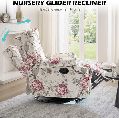 Swivel Rocker Recliner Chair, Floral Wingback Armchair, Navy