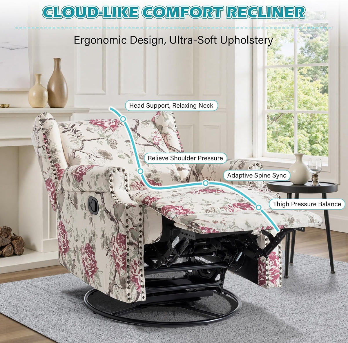 Swivel Rocker Recliner Chair, Floral Wingback Armchair, Navy
