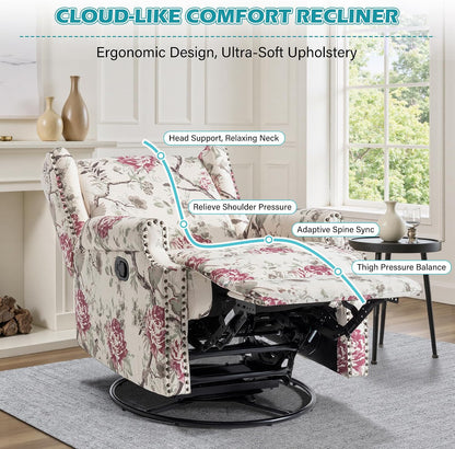 Swivel Rocker Recliner Chair, Floral Wingback Armchair, Navy