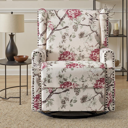 Swivel Rocker Recliner Chair, Floral Wingback Armchair, Navy