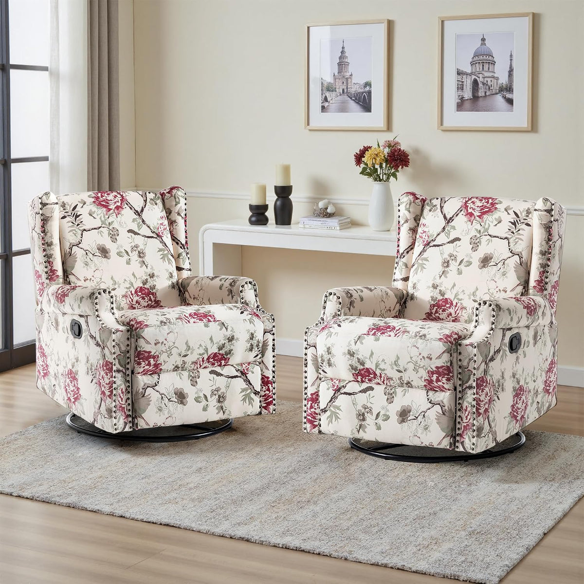 Swivel Rocker Recliner Chair, Floral Wingback Armchair, Navy