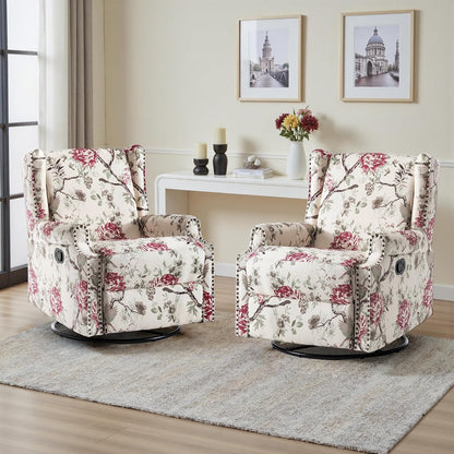 Swivel Rocker Recliner Chair, Floral Wingback Armchair, Navy