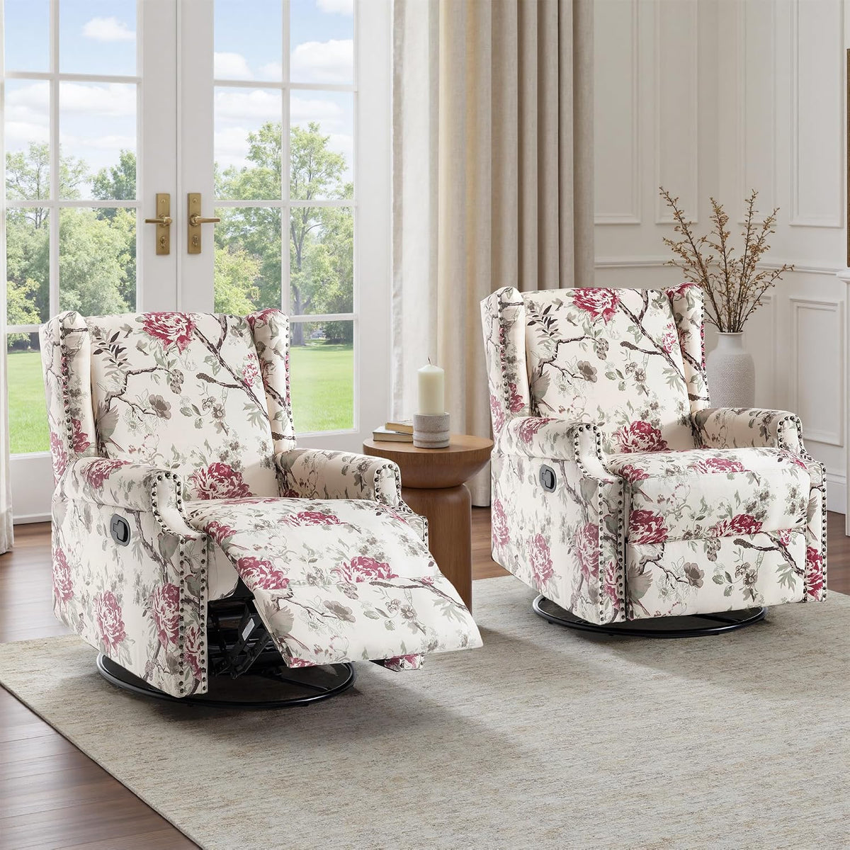 Swivel Rocker Recliner Chair, Floral Wingback Armchair, Navy