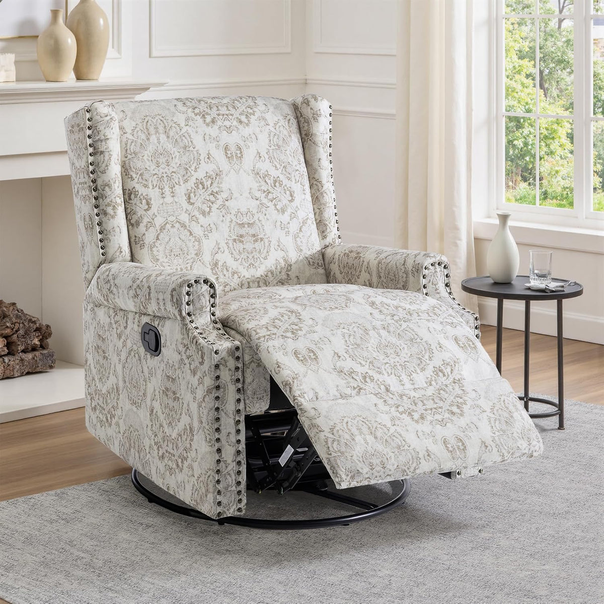 Swivel Rocker Recliner Chair, Floral Wingback Armchair, Navy