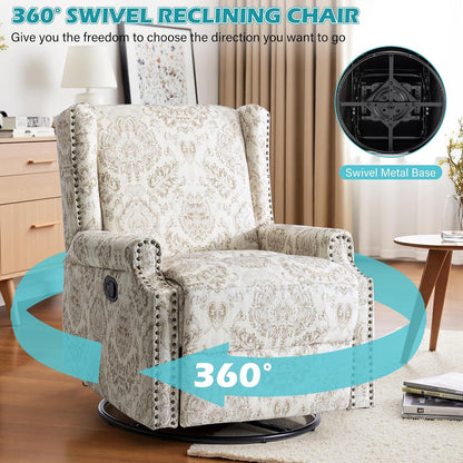 Swivel Rocker Recliner Chair, Floral Wingback Armchair, Navy
