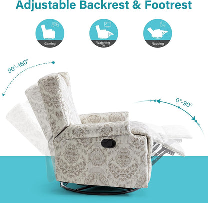 Swivel Rocker Recliner Chair, Floral Wingback Armchair, Navy