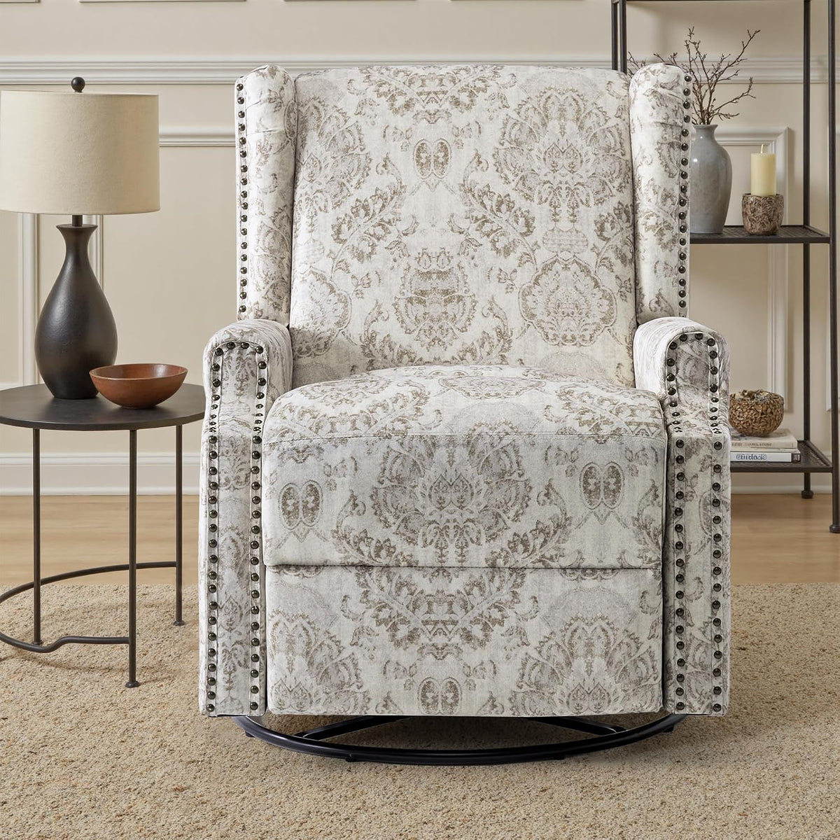 Swivel Rocker Recliner Chair, Floral Wingback Armchair, Navy