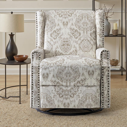 Swivel Rocker Recliner Chair, Floral Wingback Armchair, Navy