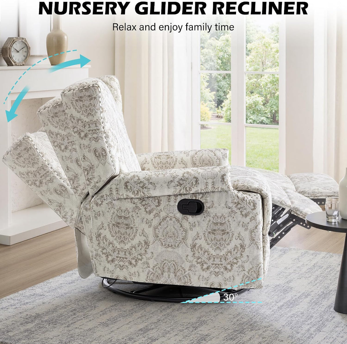 Swivel Rocker Recliner Chair, Floral Wingback Armchair, Navy