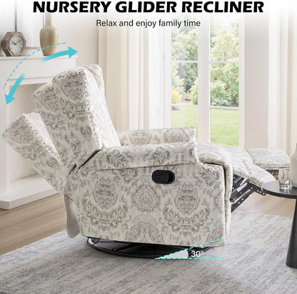 Swivel Rocker Recliner Chair, Floral Wingback Armchair, Navy