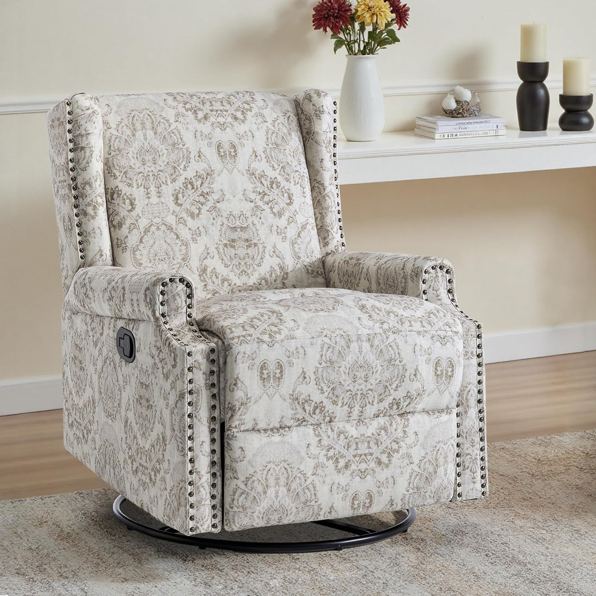 Swivel Rocker Recliner Chair, Floral Wingback Armchair, Navy