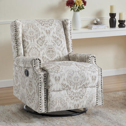 Swivel Rocker Recliner Chair, Floral Wingback Armchair, Navy