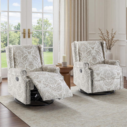 Swivel Rocker Recliner Chair, Floral Wingback Armchair, Navy