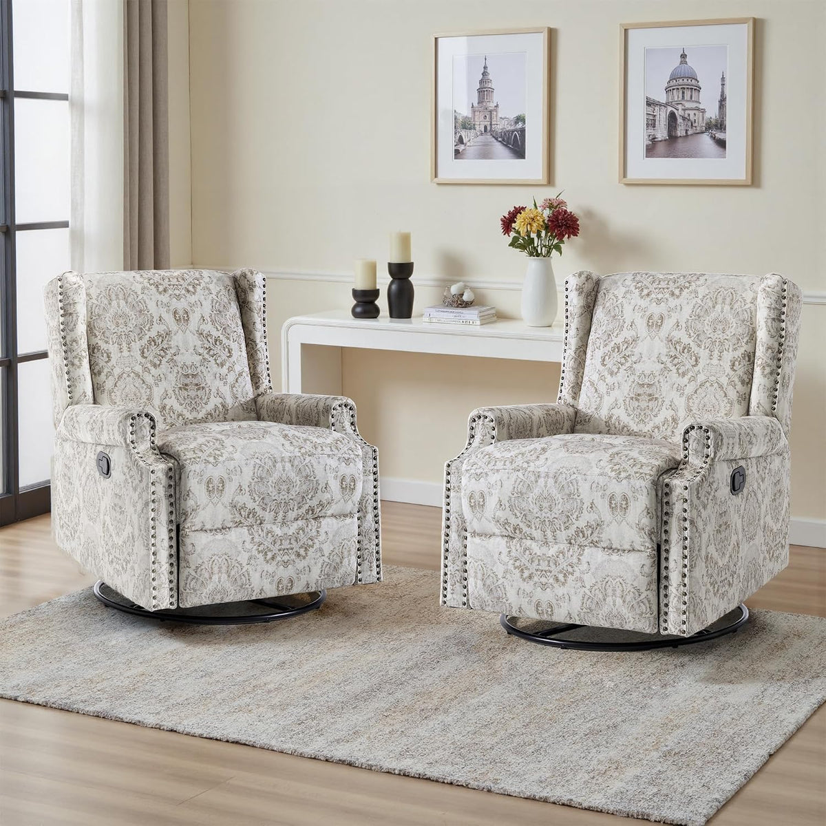 Swivel Rocker Recliner Chair, Floral Wingback Armchair, Navy