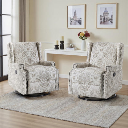 Swivel Rocker Recliner Chair, Floral Wingback Armchair, Navy