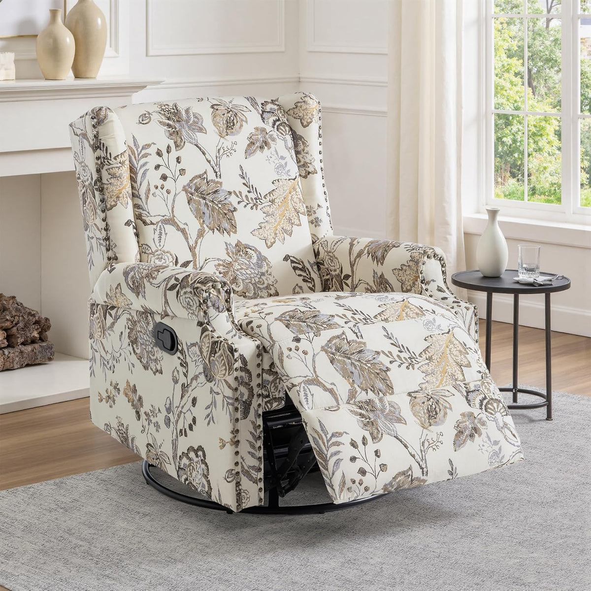 Swivel Rocker Recliner Chair, Floral Wingback Armchair, Navy