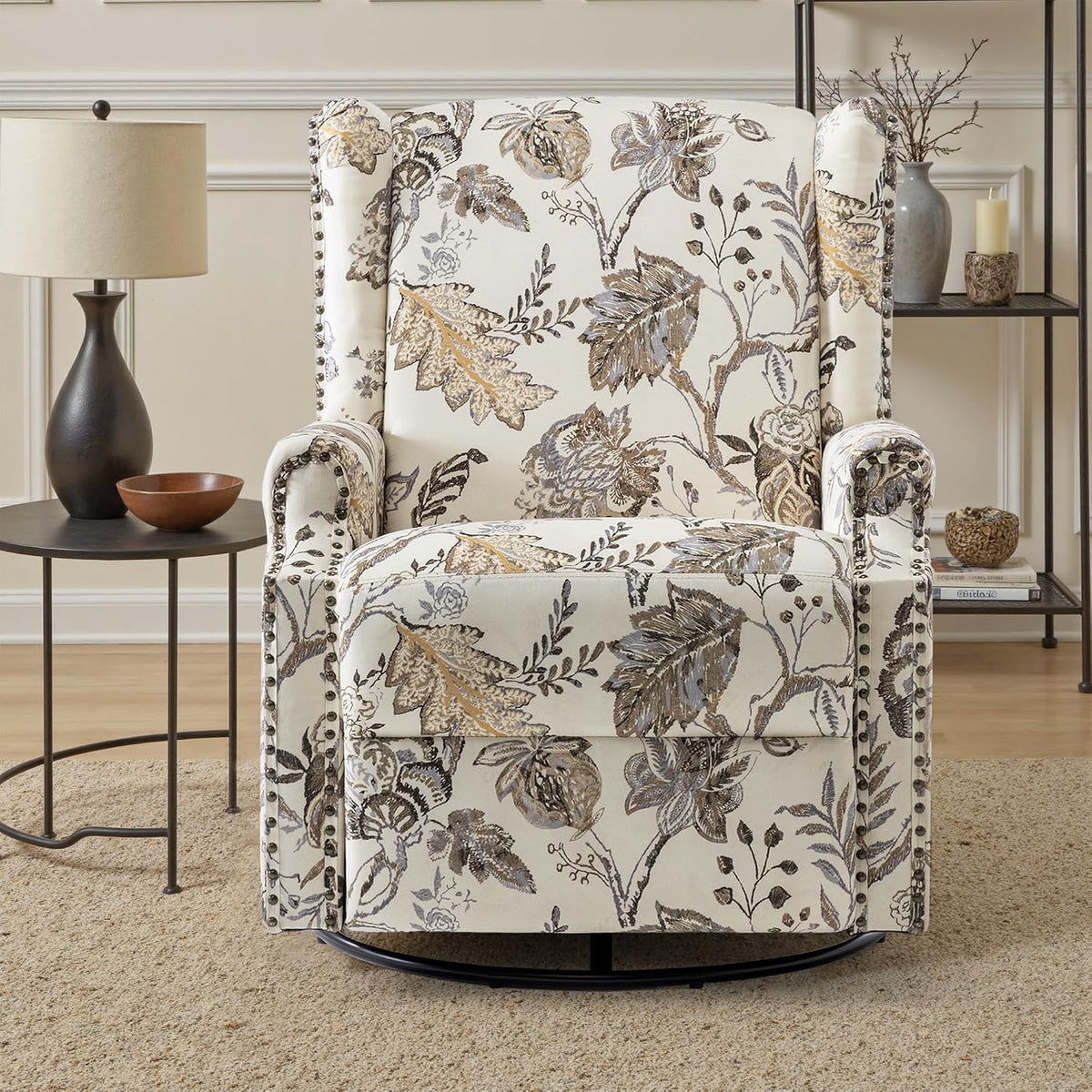 Swivel Rocker Recliner Chair, Floral Wingback Armchair, Navy