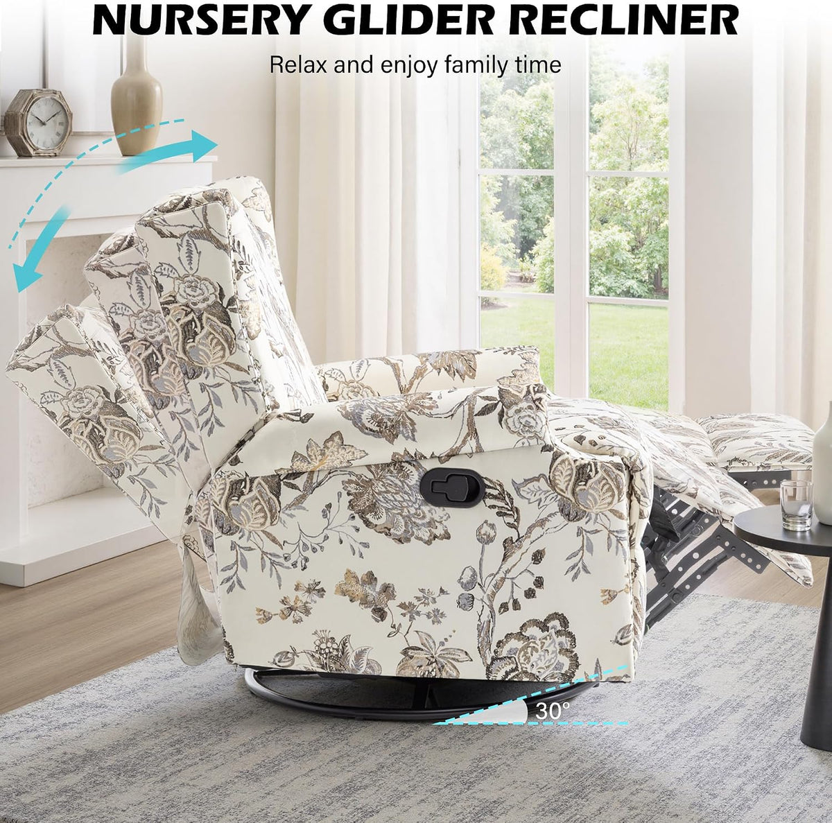 Swivel Rocker Recliner Chair, Floral Wingback Armchair, Navy